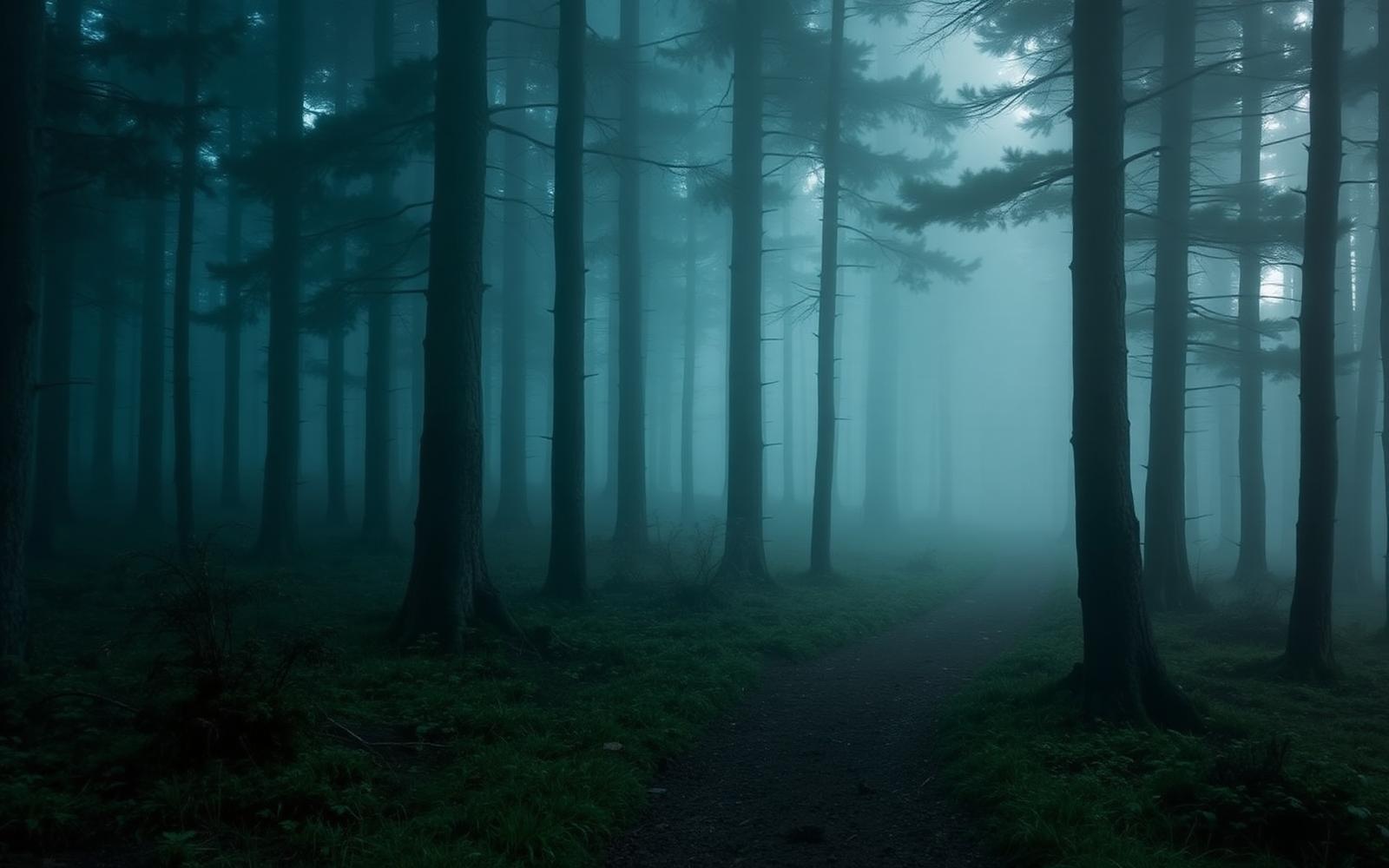 A misty Scottish forest path in soft blue light.