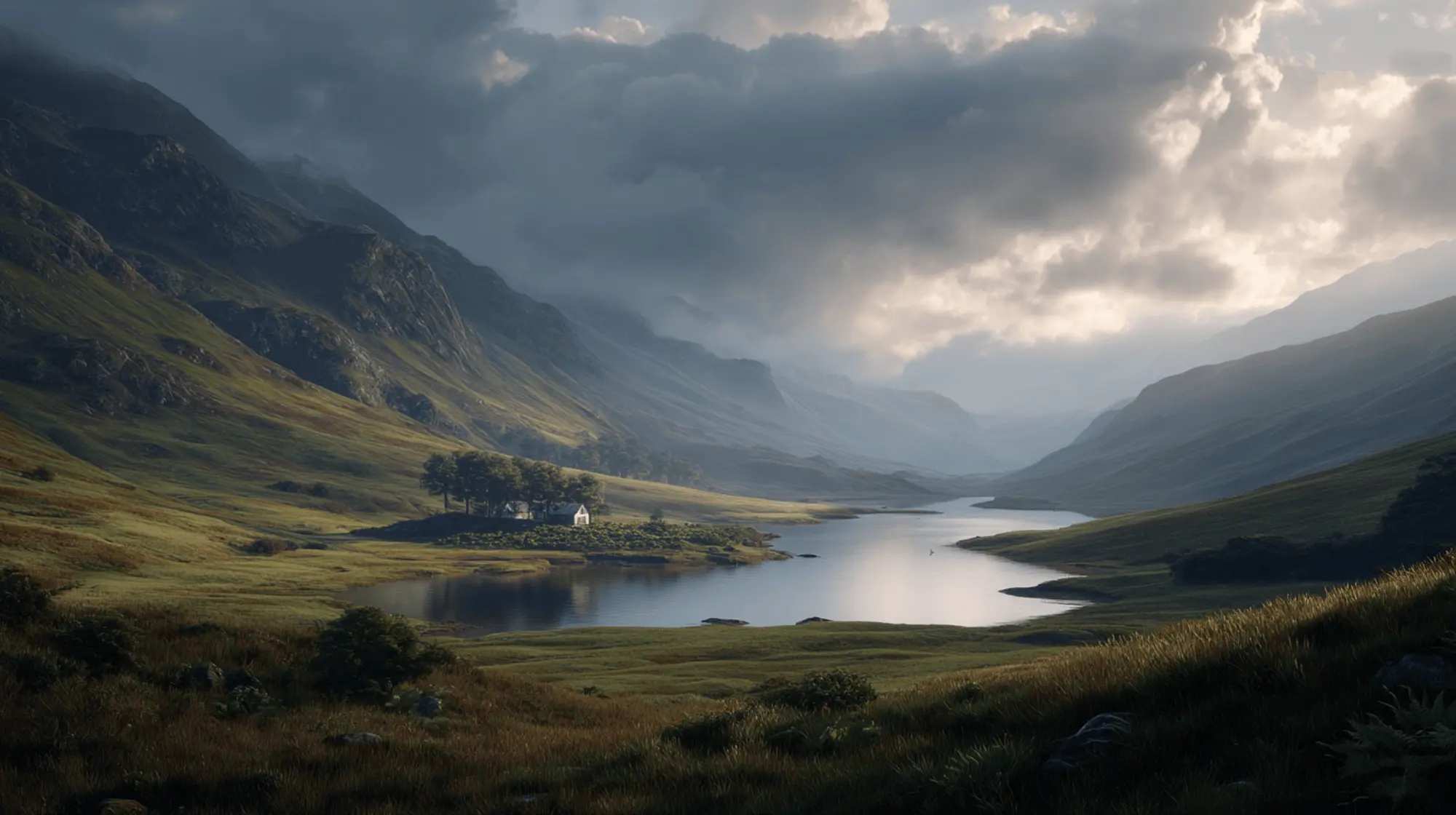 A Scottish Highland valley with a calm river winding between green hills beneath towering mountains.