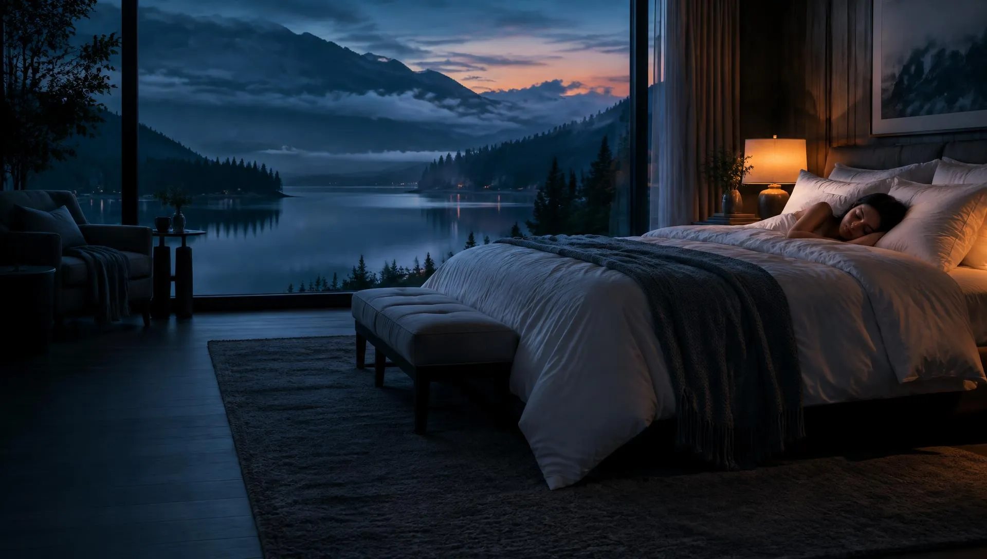A guest sleeping peacefully in a calm hotel room overlooking a lake at dusk.